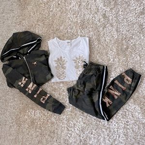 Green and gray camouflage sweat outfit with sparkly rose gold embellishments🥀